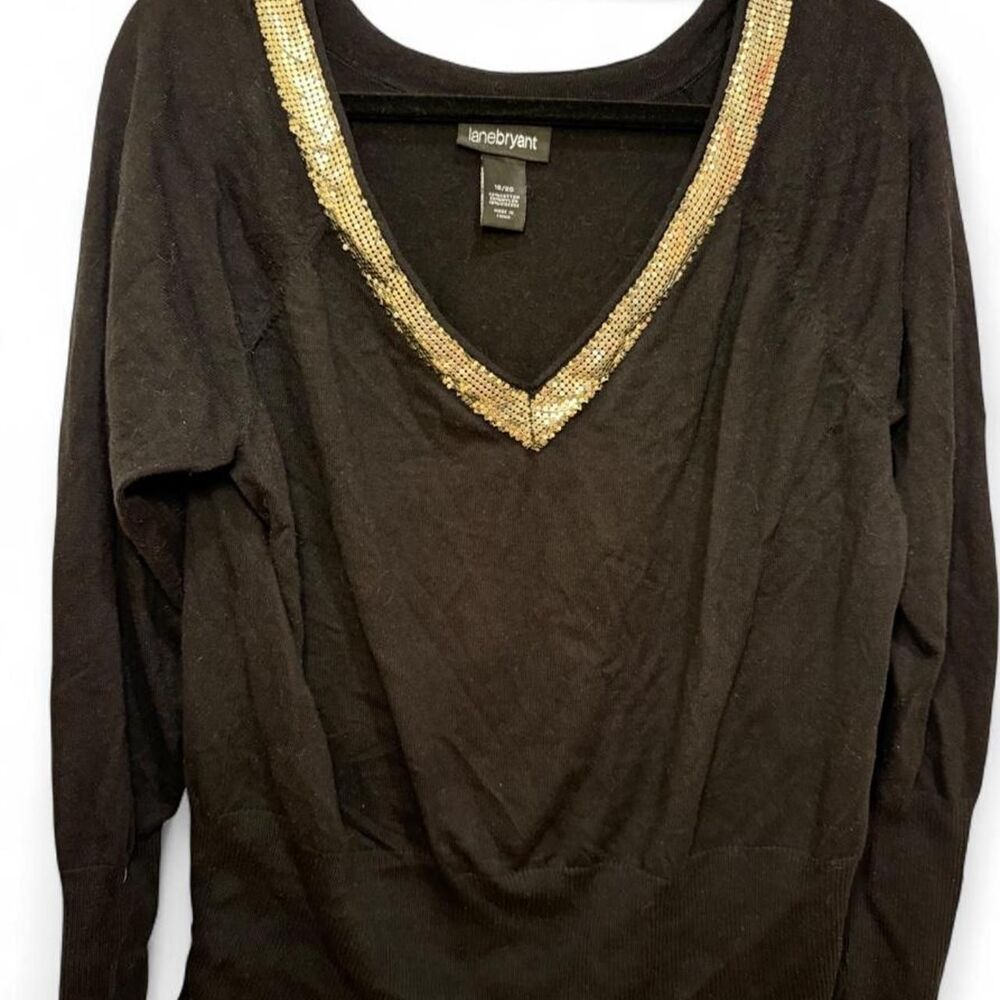 Lane Bryant Women's Black & Silver Chain Sequin Trimmed Party Sweater